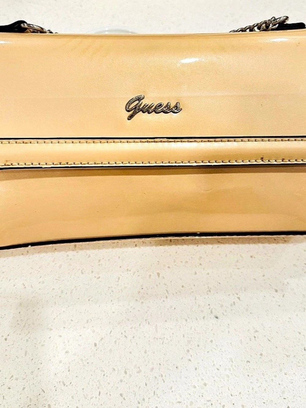 Guess Patent Chain Shoulder Bag in Beige